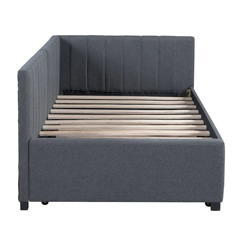 Lit de repos capitonné avec tiroir-lit, cadre de lit de jour double, sommier tapissier non nécessaire, tissu en lin (beige)