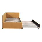 Lit de repos capitonné avec tiroir-lit, cadre de lit de jour double, sommier tapissier non nécessaire, tissu en lin (beige)