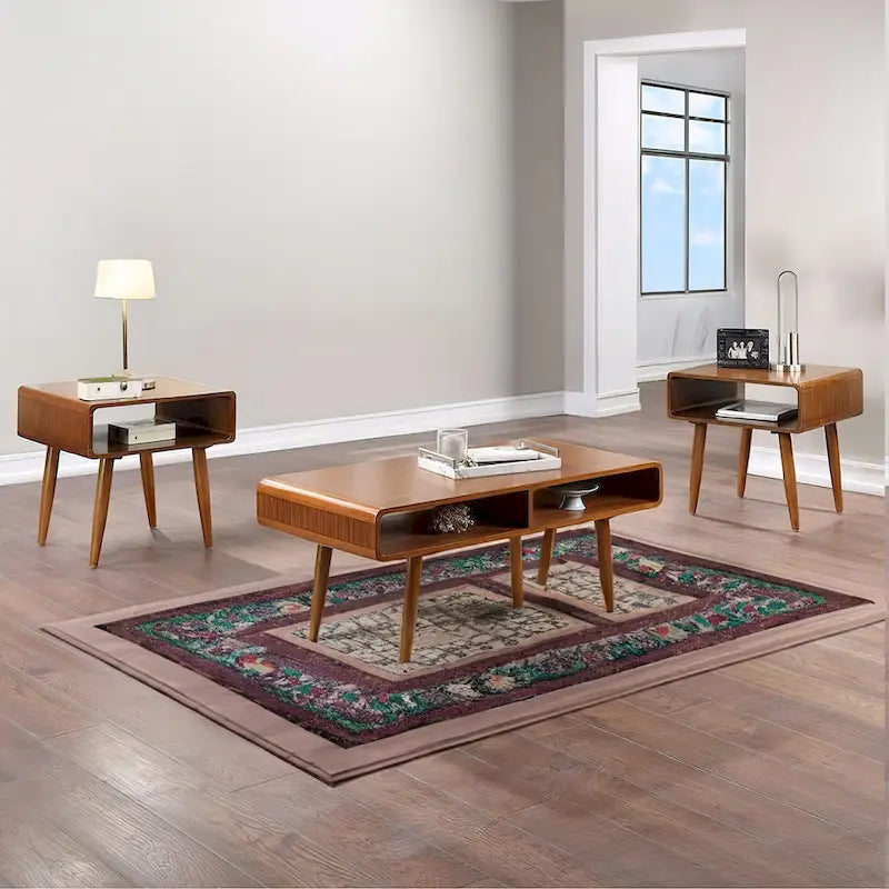 3 Piece Mid Century Wooden Occasional Table Set, Brown
