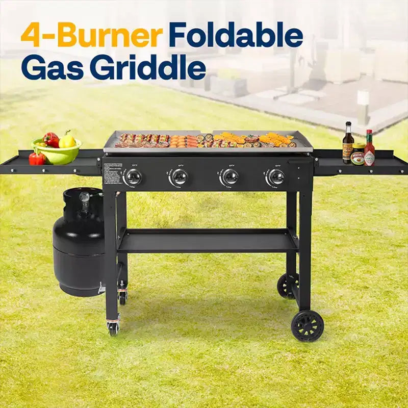 4-Burner Flat Top Gas Griddle Cooking Station Foldable Portable Propane with Side Shelves 702 Sq In
