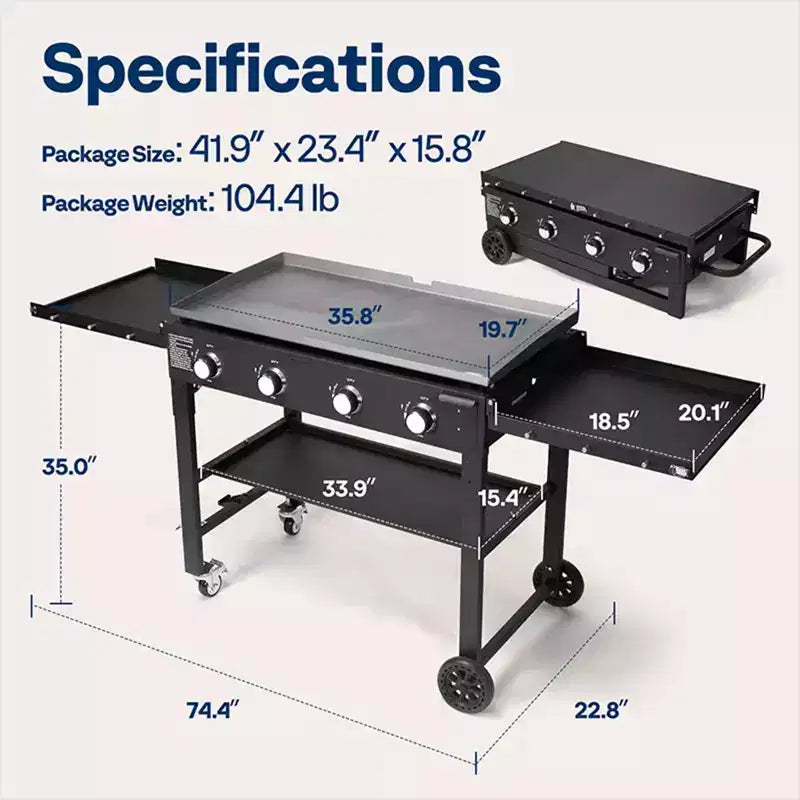 4-Burner Flat Top Gas Griddle Cooking Station Foldable Portable Propane with Side Shelves 702 Sq In