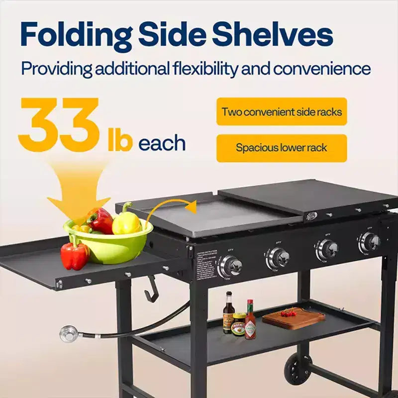 4-Burner Flat Top Gas Griddle Cooking Station Foldable Portable Propane with Side Shelves 702 Sq In