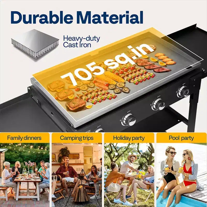 4-Burner Flat Top Gas Griddle Cooking Station Foldable Portable Propane with Side Shelves 702 Sq In