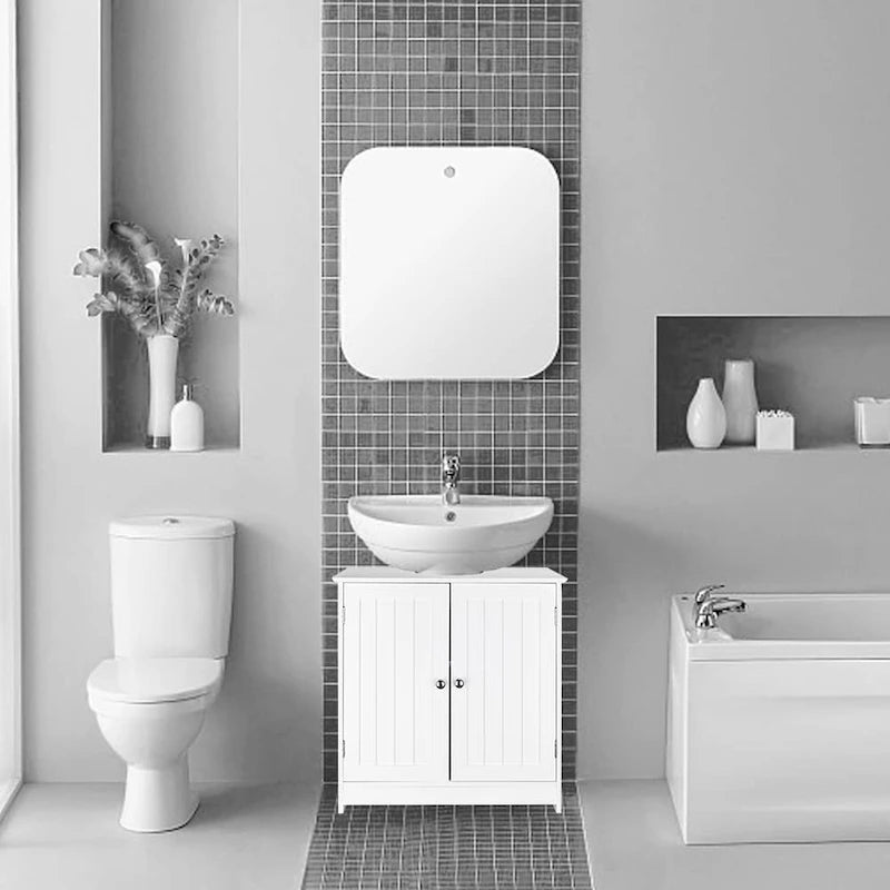 Meuble bas de salle de bain blanc sous évier avec portes à lattes – MDF