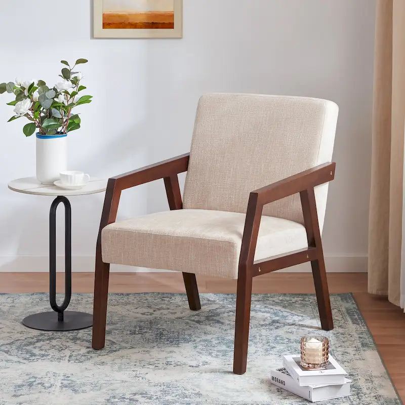 HUIMO Accent Armchair Solid Wooden Brownness/ White/ Blue Upholstered Mid-Century Modern Accent Chair for Living Room, Bedroom