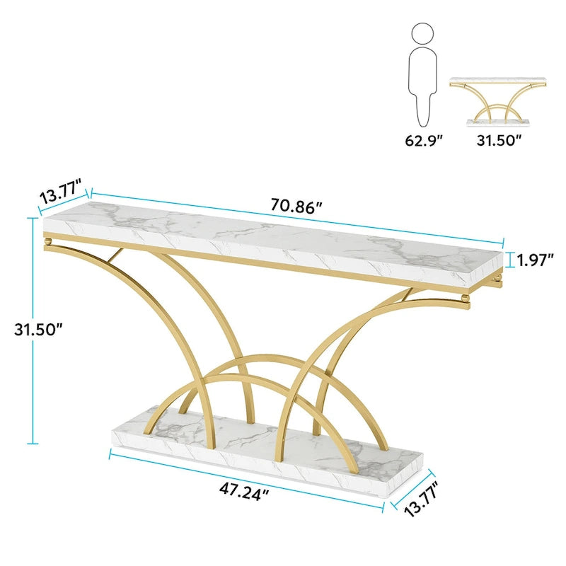 70.9 Faux Marble Console Sofa Table with Half-Moon Shaped Metal Legs for Entryway, Accent Tables for Living Room
