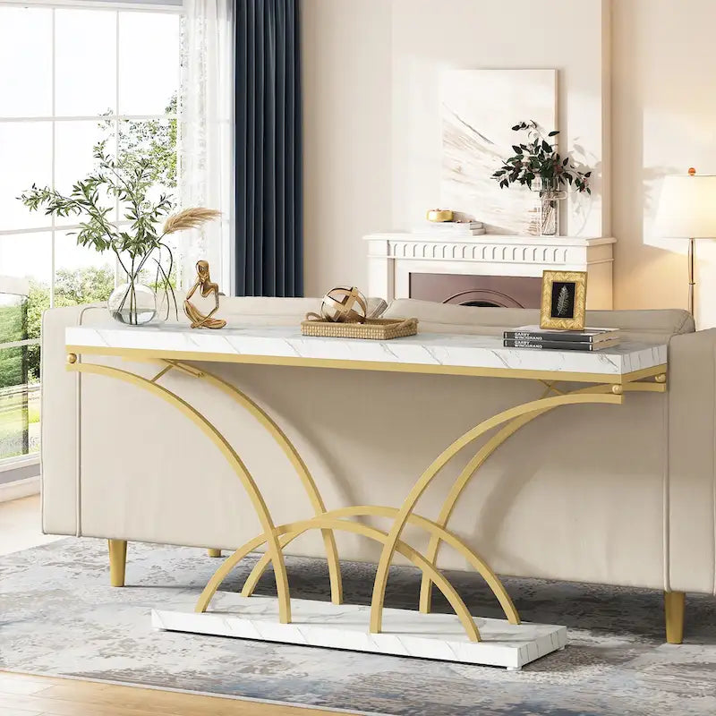 70.9 Faux Marble Console Sofa Table with Half-Moon Shaped Metal Legs for Entryway, Accent Tables for Living Room