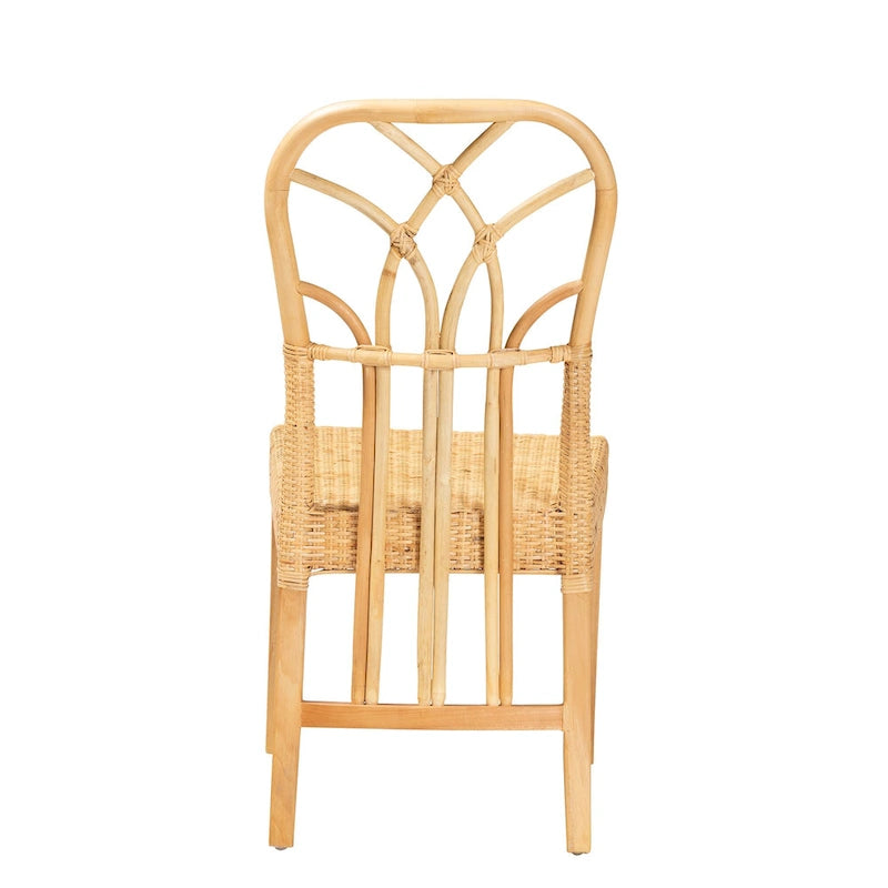 Monaco Modern Bohemian Oak Brown Finished Mahogany Wood and Natural Rattan Dining Chair