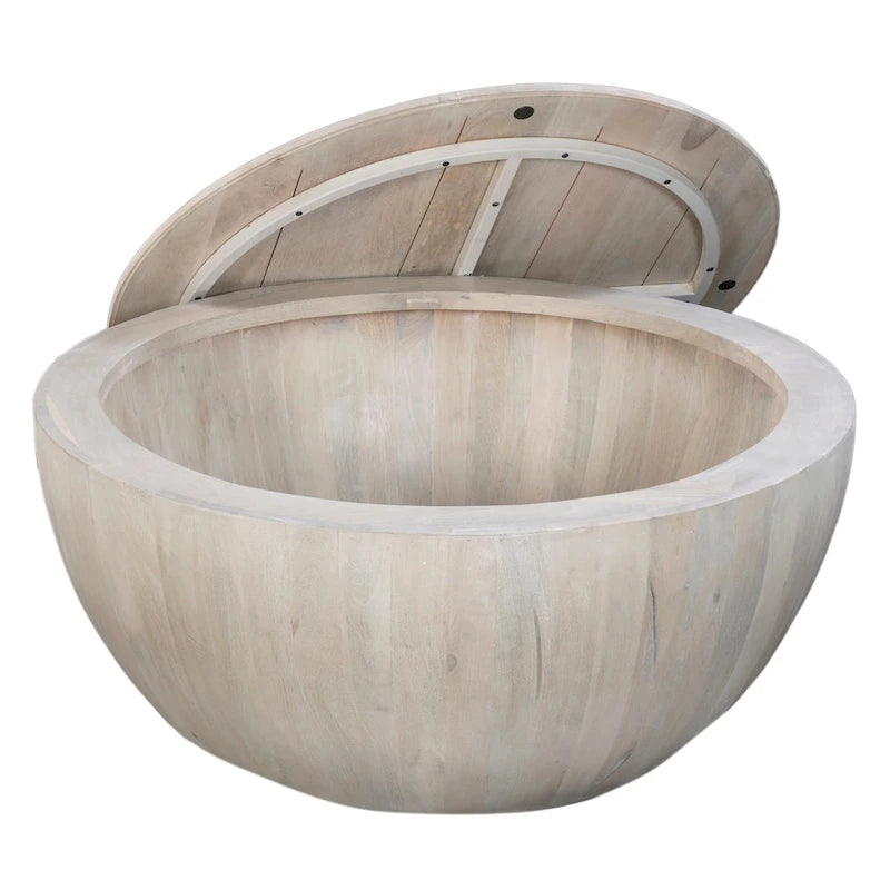 White 37 Inch Round Drum Coffee Table with Storage - Mango Wood