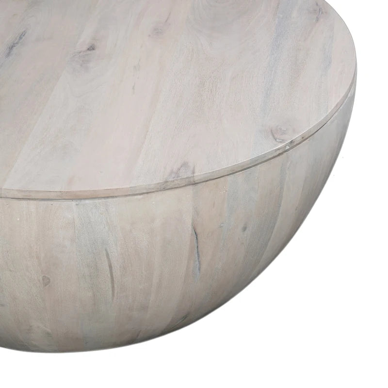White 37 Inch Round Drum Coffee Table with Storage - Mango Wood