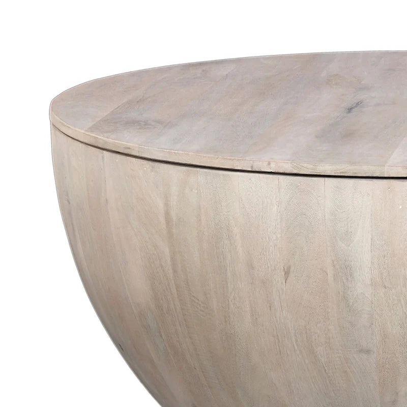 White 37 Inch Round Drum Coffee Table with Storage - Mango Wood