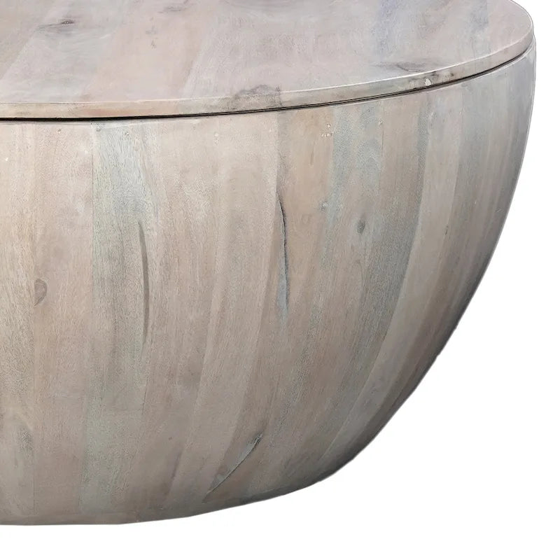 White 37 Inch Round Drum Coffee Table with Storage - Mango Wood