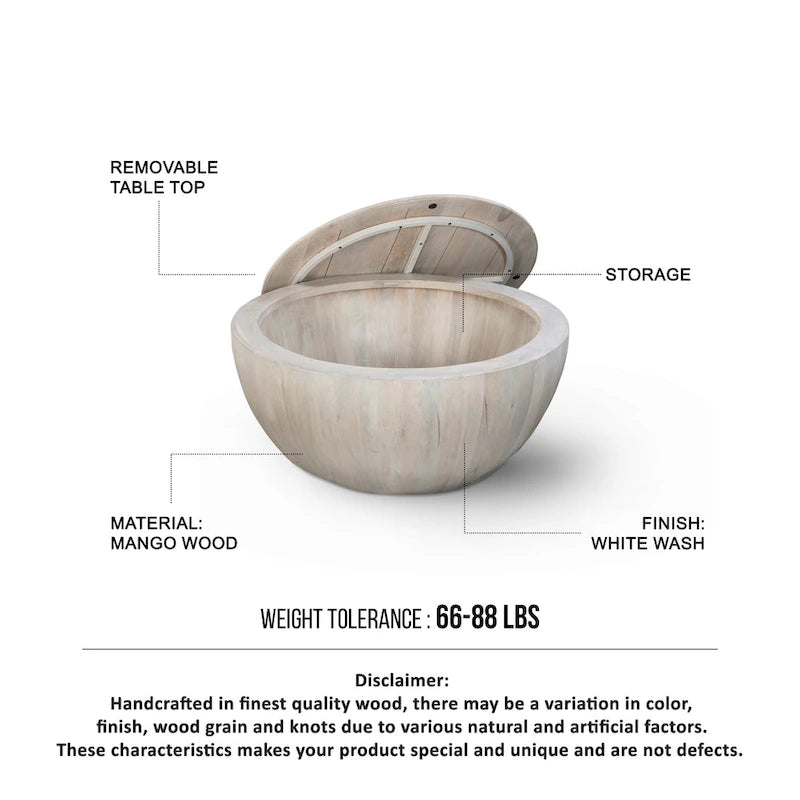 White 37 Inch Round Drum Coffee Table with Storage - Mango Wood