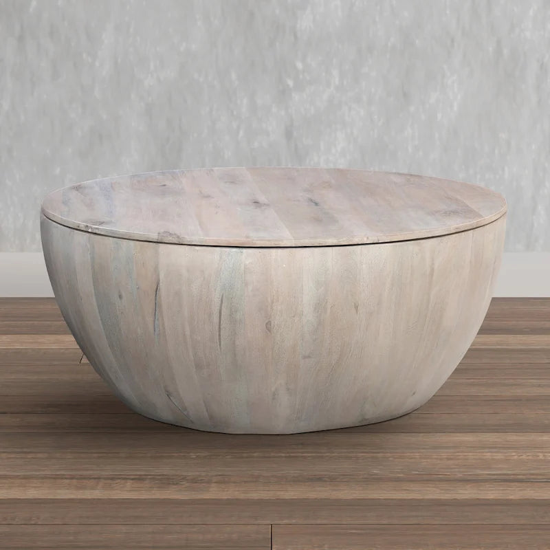 White 37 Inch Round Drum Coffee Table with Storage - Mango Wood