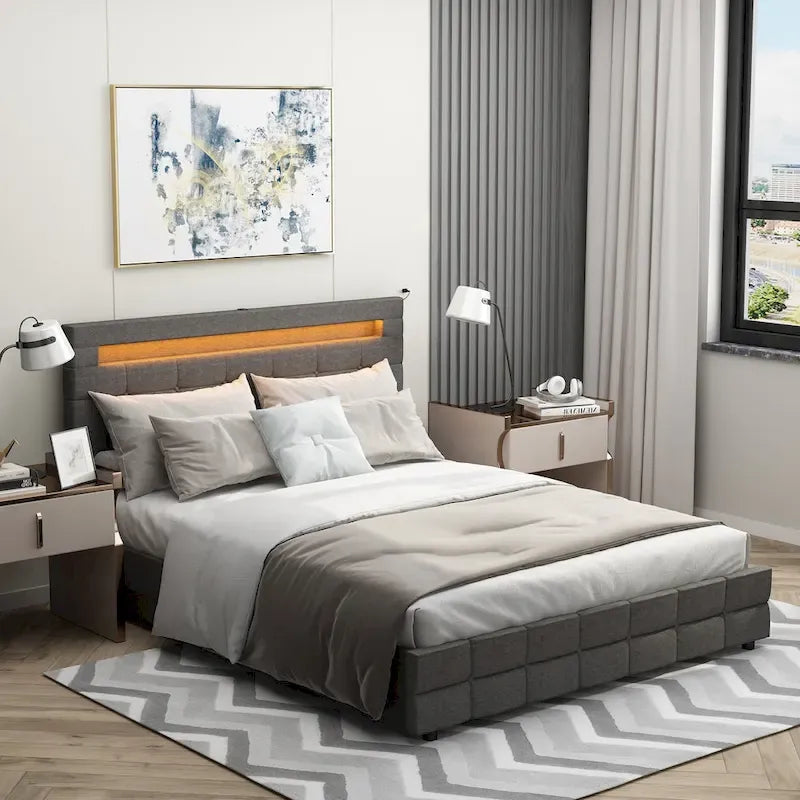 Cadre de lit Queen size 60,6 avec tiroirs, éclairage LED et station de recharge USB