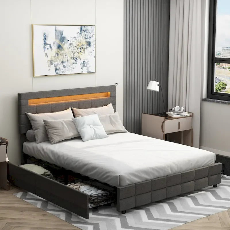 Cadre de lit Queen size 60,6 avec tiroirs, éclairage LED et station de recharge USB