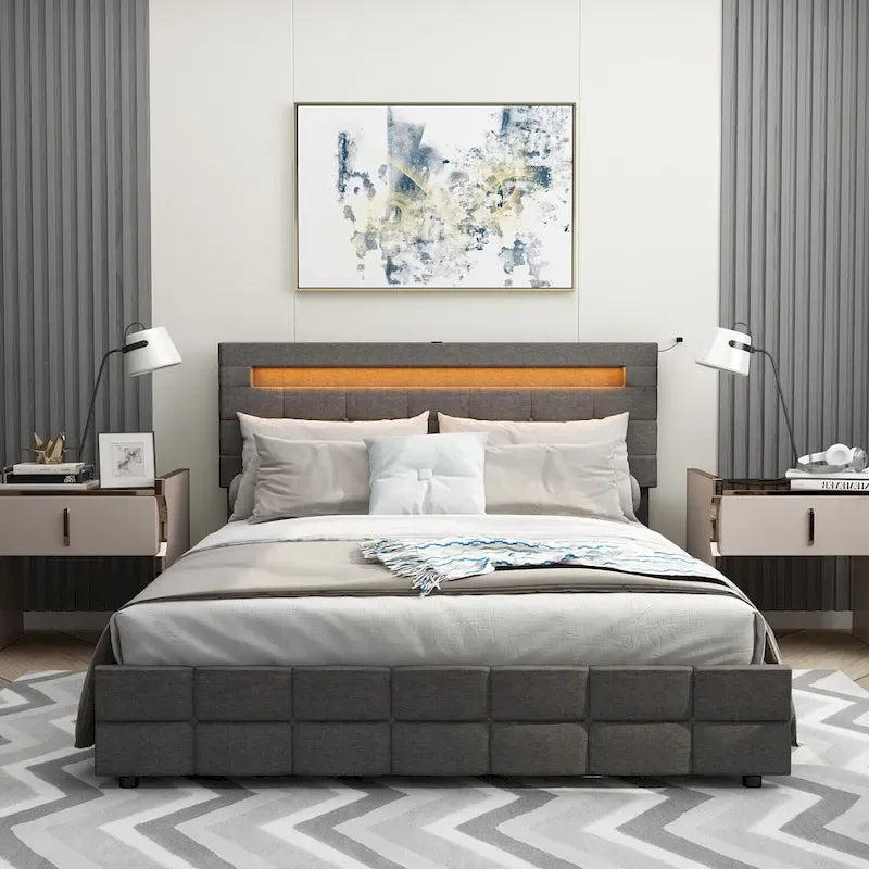 Cadre de lit Queen size 60,6 avec tiroirs, éclairage LED et station de recharge USB