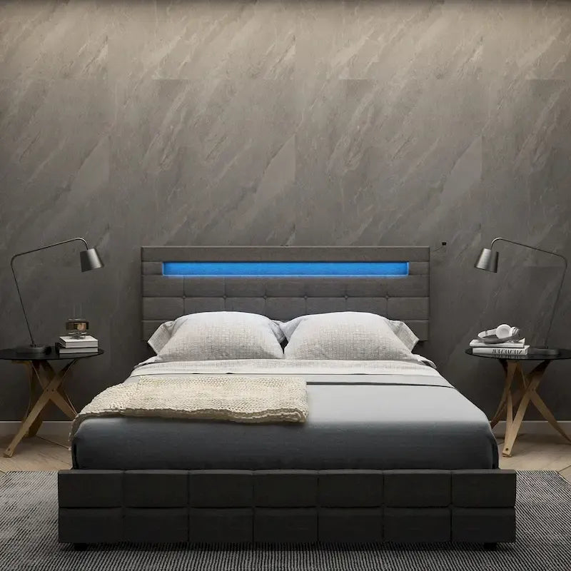 Cadre de lit Queen size 60,6 avec tiroirs, éclairage LED et station de recharge USB