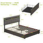 Cadre de lit Queen size 60,6 avec tiroirs, éclairage LED et station de recharge USB
