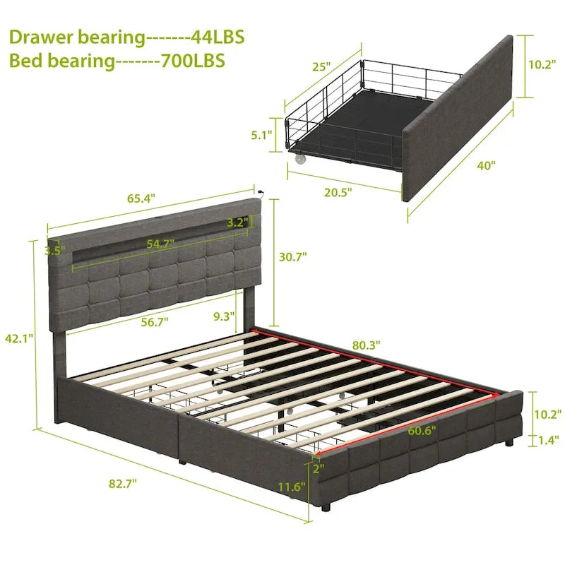 Cadre de lit Queen size 60,6 avec tiroirs, éclairage LED et station de recharge USB
