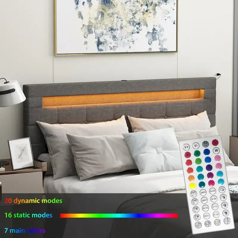 Cadre de lit Queen size 60,6 avec tiroirs, éclairage LED et station de recharge USB