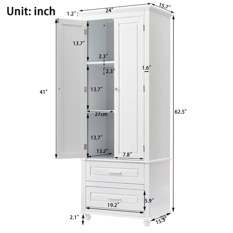 White Tall Storage Cabinet with Two Drawers
