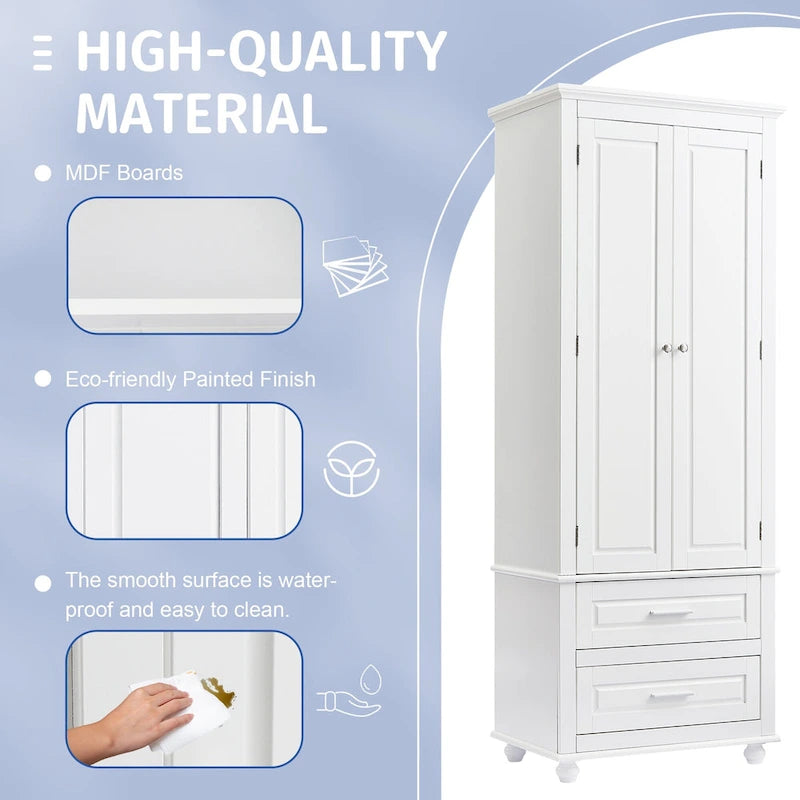White Tall Storage Cabinet with Two Drawers