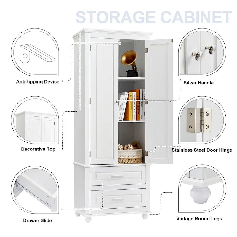 White Tall Storage Cabinet with Two Drawers