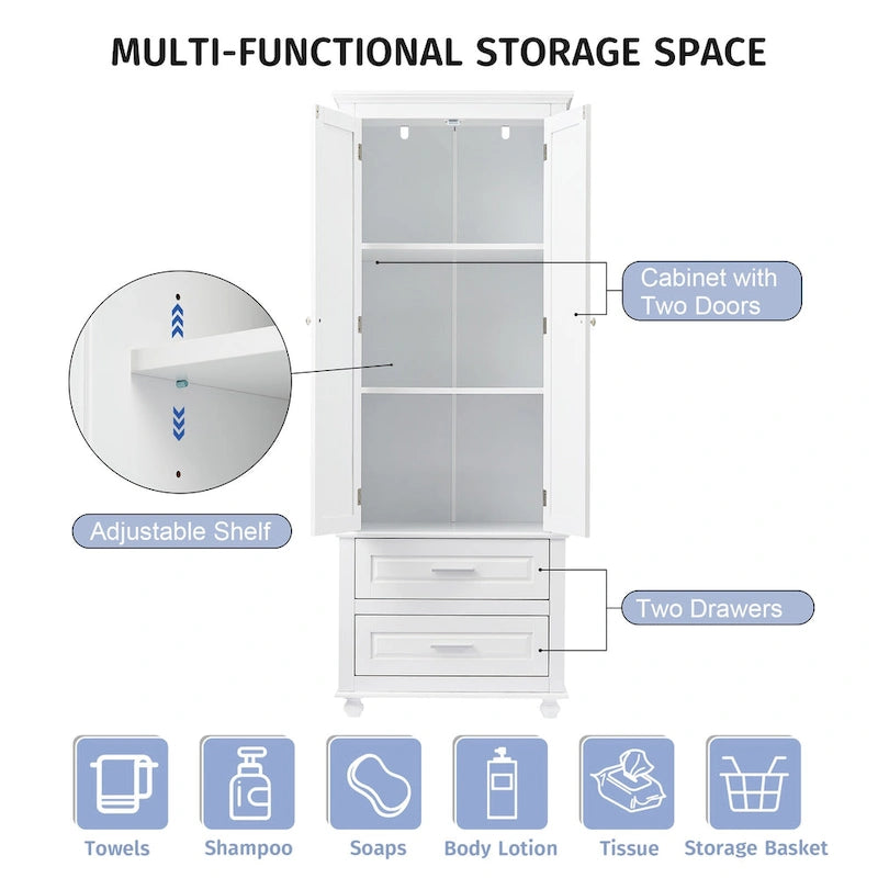 White Tall Storage Cabinet with Two Drawers