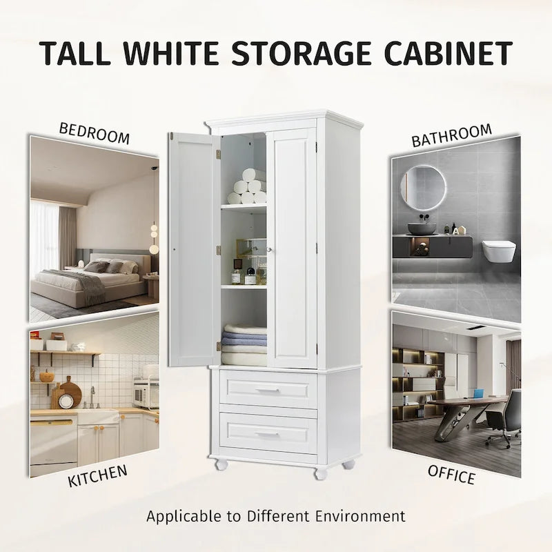 White Tall Storage Cabinet with Two Drawers