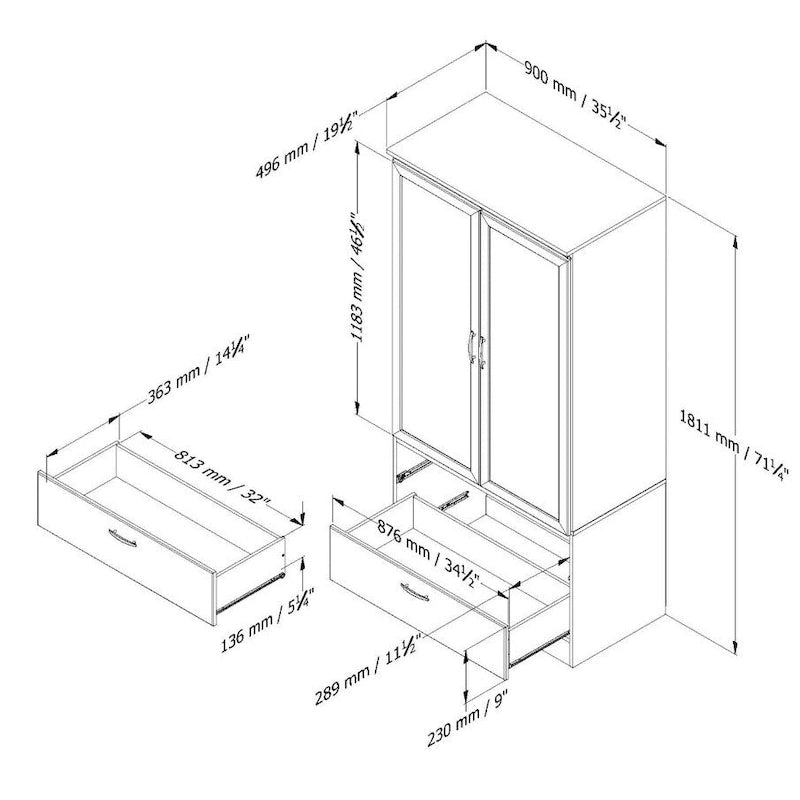 White Armoire Bedroom Clothes Storage Wardrobe Cabinet with 2 Drawers - 71.25 H x 35.5 W x 19.5 D