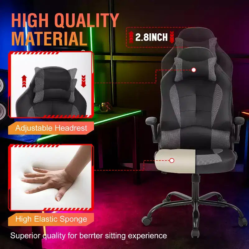 FDW Fauteuil de bureau de jeu Chaise de bureau avec support lombaire Accoudoirs relevables Appuie-tête