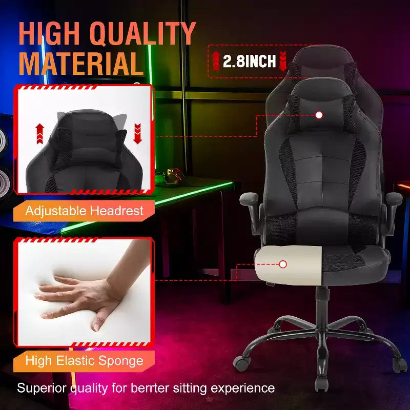 FDW Fauteuil de bureau de jeu Chaise de bureau avec support lombaire Accoudoirs relevables Appuie-tête