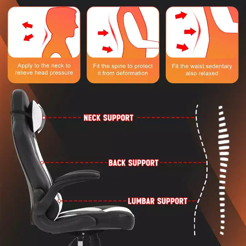 FDW Fauteuil de bureau de jeu Chaise de bureau avec support lombaire Accoudoirs relevables Appuie-tête