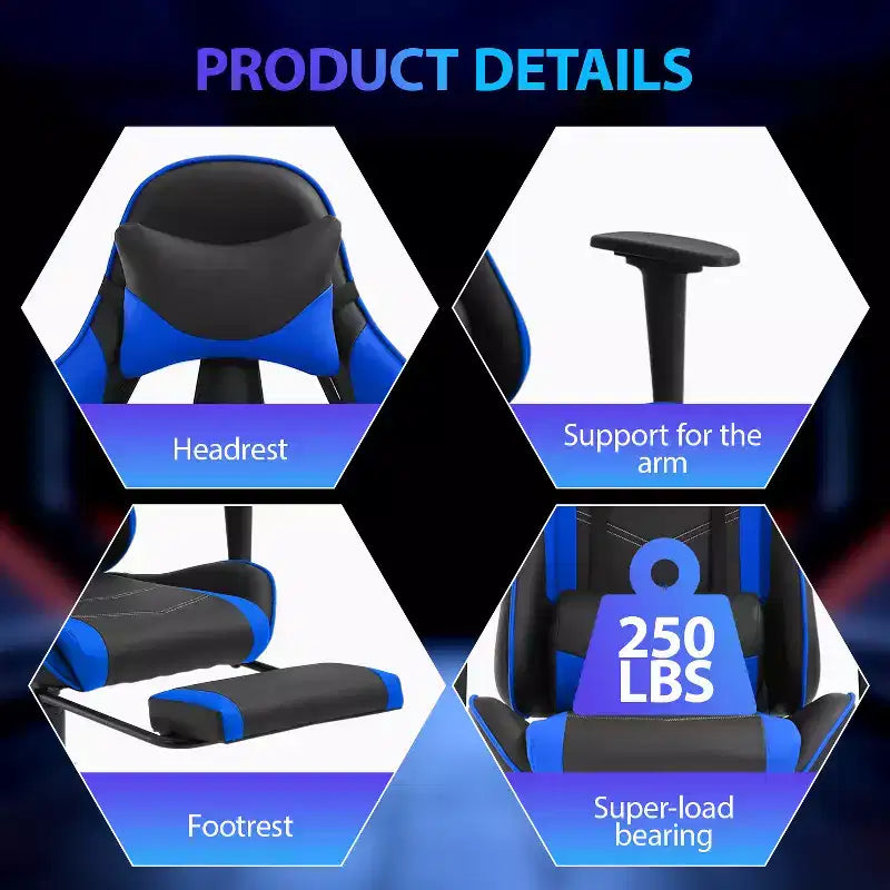 FDW Chaise de jeu de course, Chaises de jeu vidéo avec bureau d'ordinateur, Support lombaire et appui-tête en cuir PU, Siège pivotant à 360°
