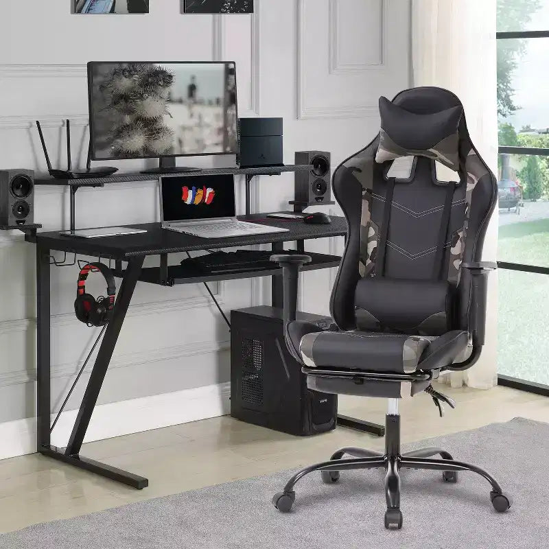 FDW Chaise de jeu de course, Chaises de jeu vidéo avec bureau d'ordinateur, Support lombaire et appui-tête en cuir PU, Siège pivotant à 360°