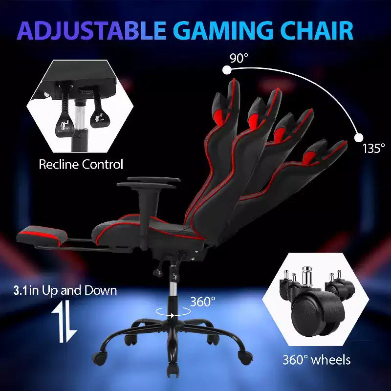 FDW Chaise de jeu de course, Chaises de jeu vidéo avec bureau d'ordinateur, Support lombaire et appui-tête en cuir PU, Siège pivotant à 360°