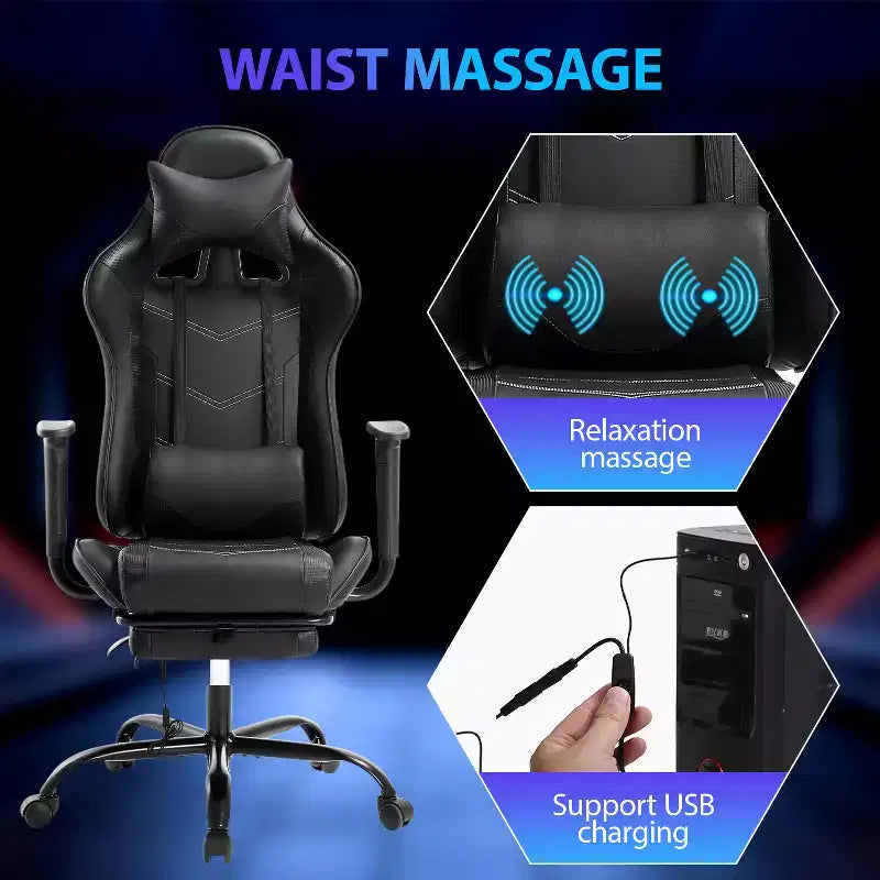 FDW Chaise de jeu de course, Chaises de jeu vidéo avec bureau d'ordinateur, Support lombaire et appui-tête en cuir PU, Siège pivotant à 360°
