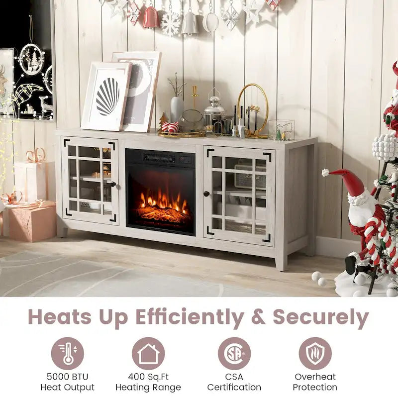 58 Inch Fireplace TV Stand with 3-Position Adjustable Shelves and 2 Cabinets with Doors