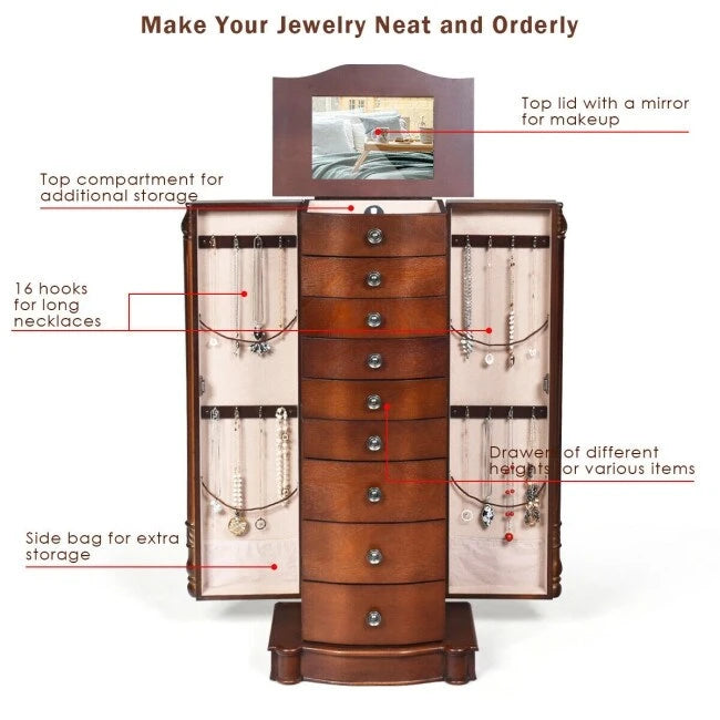 Grande boîte de rangement à bijoux en bois - 17 x 12 x 39.5 (L x l x H)