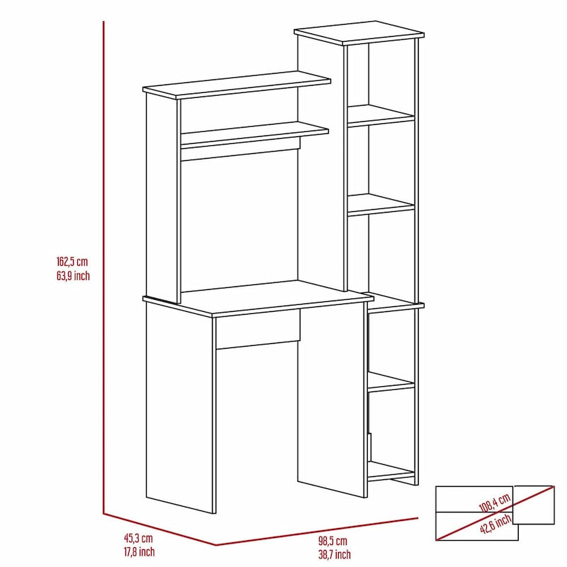 Writing Desk with 6-Shelf Bookcase, Laptop Table, Built-in Cabinet