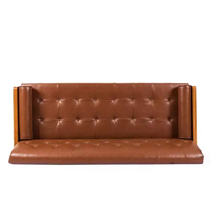 Christopher Knight Home Jalon Faux Leather Tufted 3 Seater Sofa with Bolster Pillows, Cognac Brown/Dark Walnut