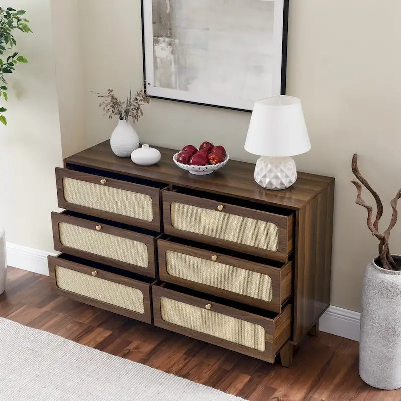 6-Drawer Dresser with Rattan Weave Fronts - Wood - 56 Inch