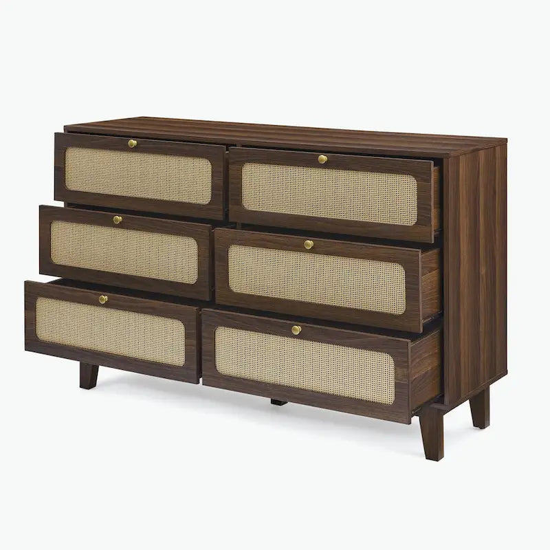 6-Drawer Dresser with Rattan Weave Fronts - Wood - 56 Inch