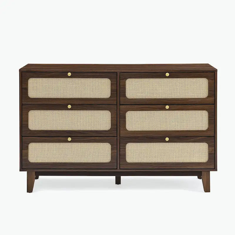 6-Drawer Dresser with Rattan Weave Fronts - Wood - 56 Inch