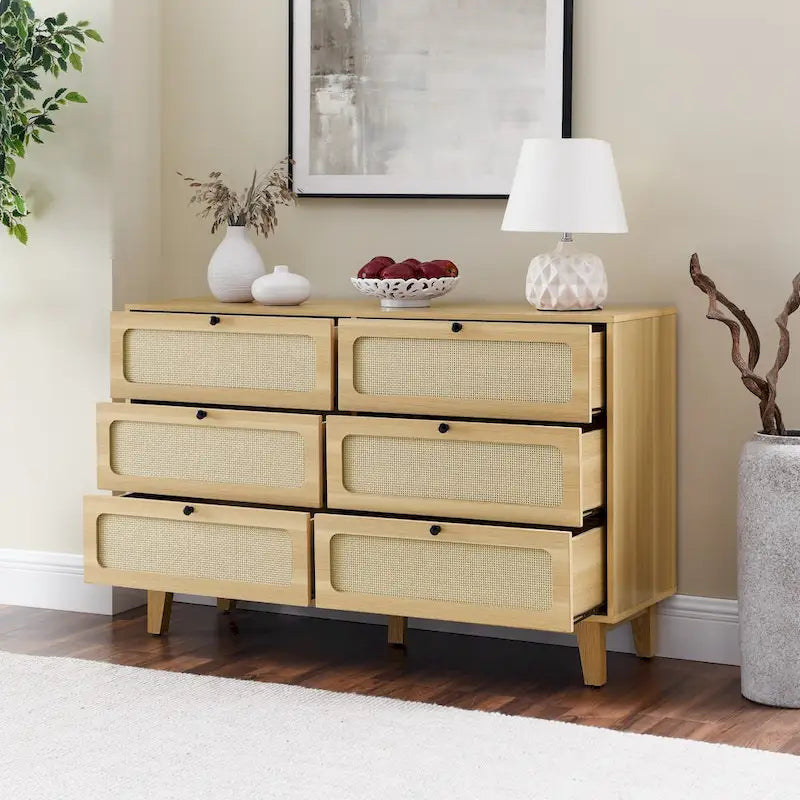 6-Drawer Dresser with Rattan Weave Fronts - Wood - 56 Inch
