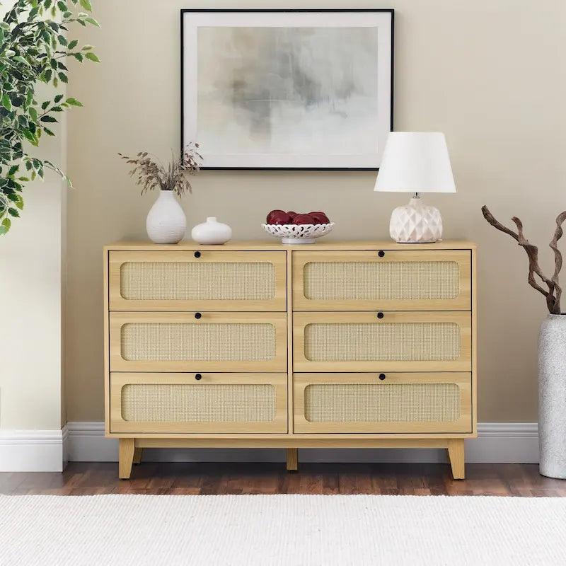 6-Drawer Dresser with Rattan Weave Fronts - Wood - 56 Inch