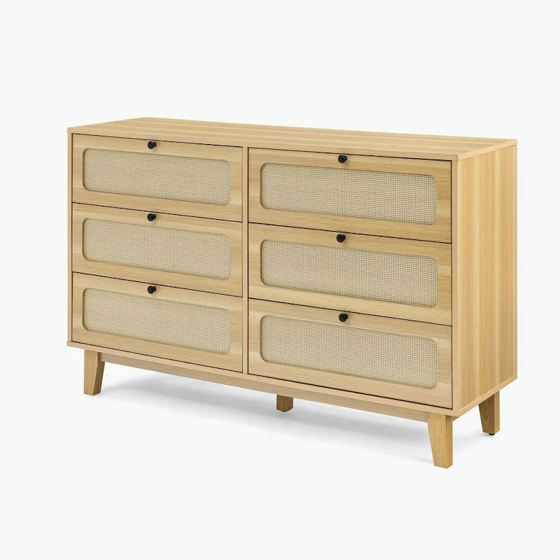 6-Drawer Dresser with Rattan Weave Fronts - Wood - 56 Inch