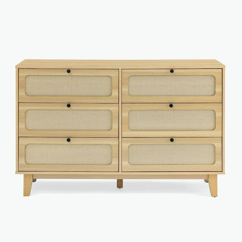 6-Drawer Dresser with Rattan Weave Fronts - Wood - 56 Inch