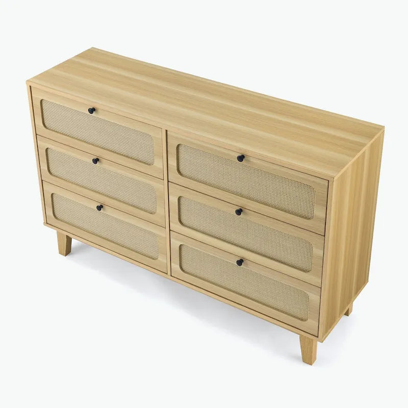 6-Drawer Dresser with Rattan Weave Fronts - Wood - 56 Inch